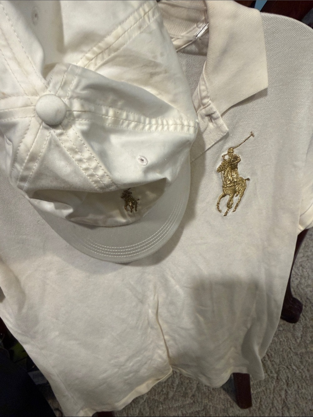 Ralph Lauren polo White golf  Shirt and Cap with Gold Pony Embroidery